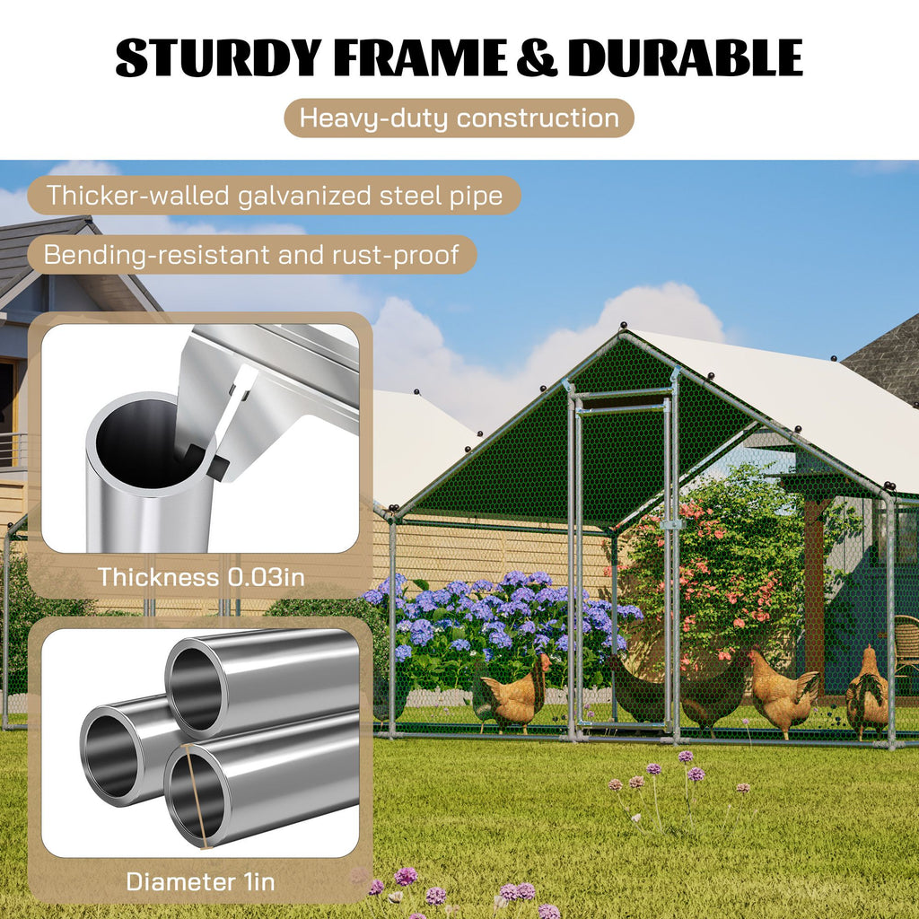 6'x20' Dual-Zone Walk-In Chicken Coop, Double Peak Metal Poultry Cage with Weatherproof Roof, Small Hex Mesh & Reinforced Wire for Backyard