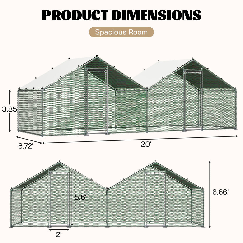 6'x20' Dual-Zone Walk-In Chicken Coop, Double Peak Metal Poultry Cage with Weatherproof Roof, Small Hex Mesh & Reinforced Wire for Backyard