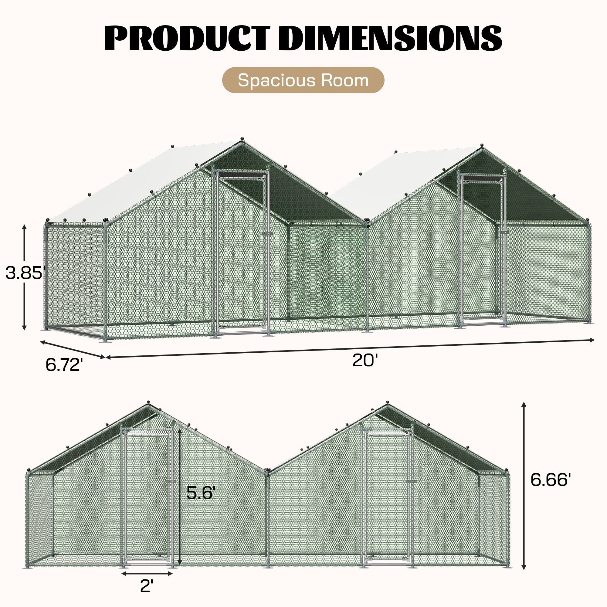 6'x20' Dual-Zone Walk-In Chicken Coop, Double Peak Metal Poultry Cage with Weatherproof Roof, Small Hex Mesh & Reinforced Wire for Backyard