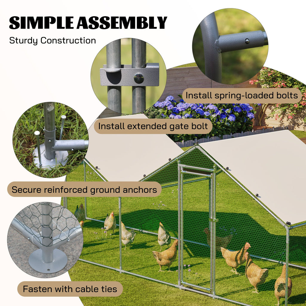 6'x20' Dual-Zone Walk-In Chicken Coop, Double Peak Metal Poultry Cage with Weatherproof Roof, Small Hex Mesh & Reinforced Wire for Backyard