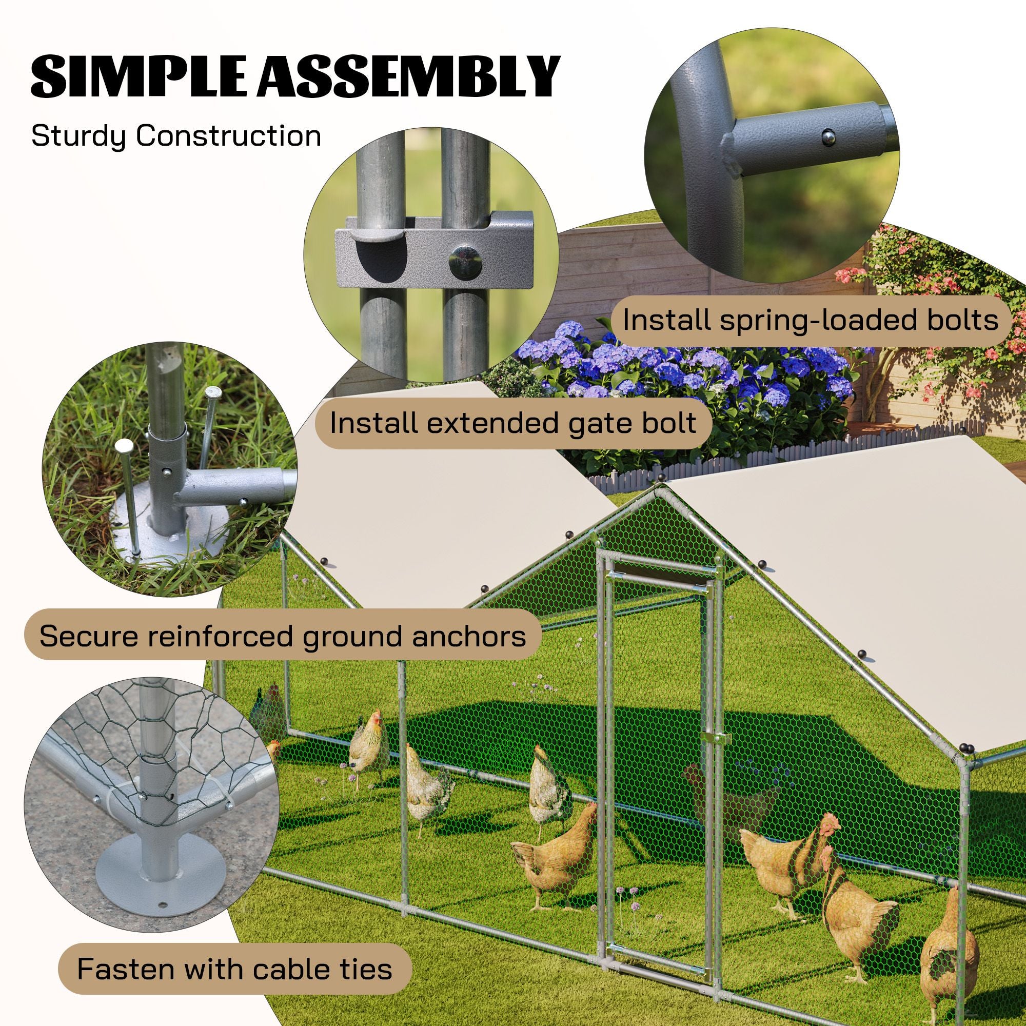 6'x20' Dual-Zone Walk-In Chicken Coop, Double Peak Metal Poultry Cage with Weatherproof Roof, Small Hex Mesh & Reinforced Wire for Backyard