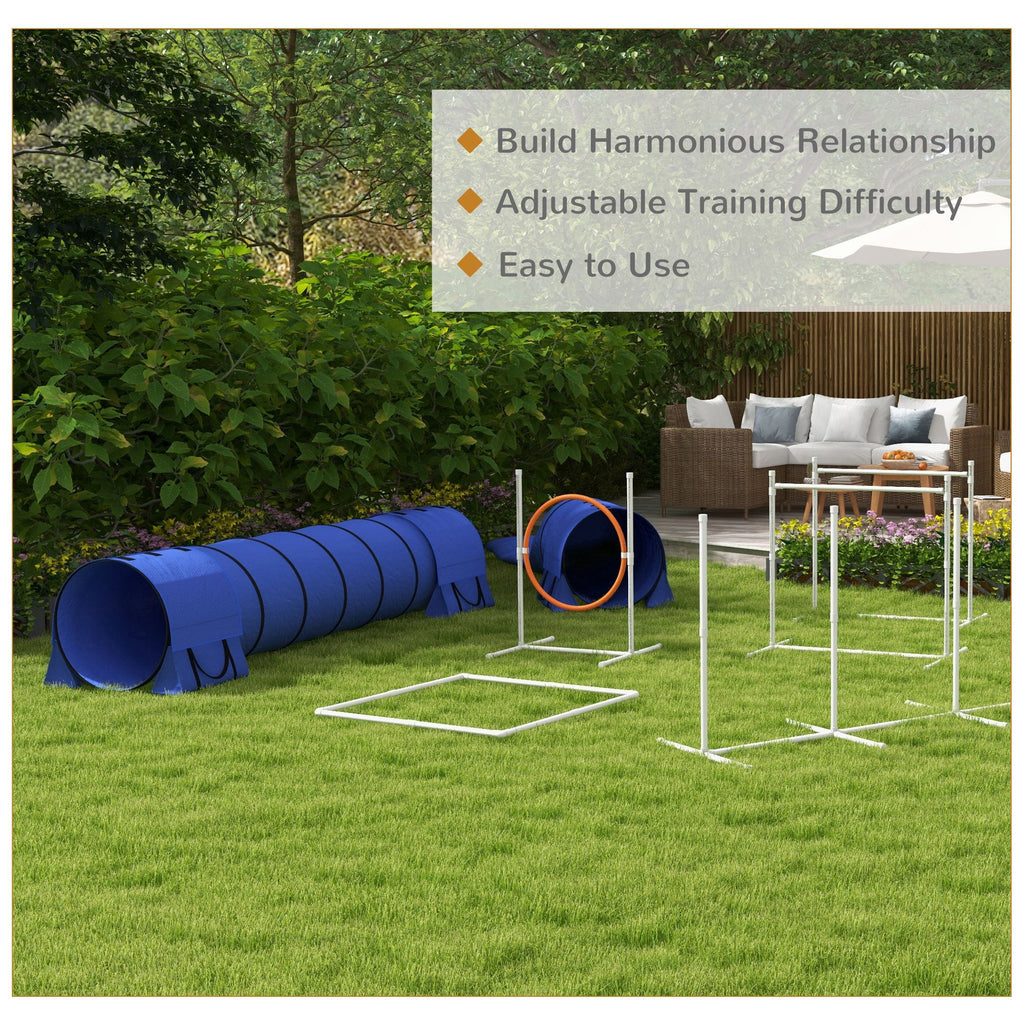 7 Pcs Dog Agility Training Equipment Set with Tunnels, Weave Poles, Adjustable Hurdle, Jumping Ring, Pause Box, Blue Pet Training