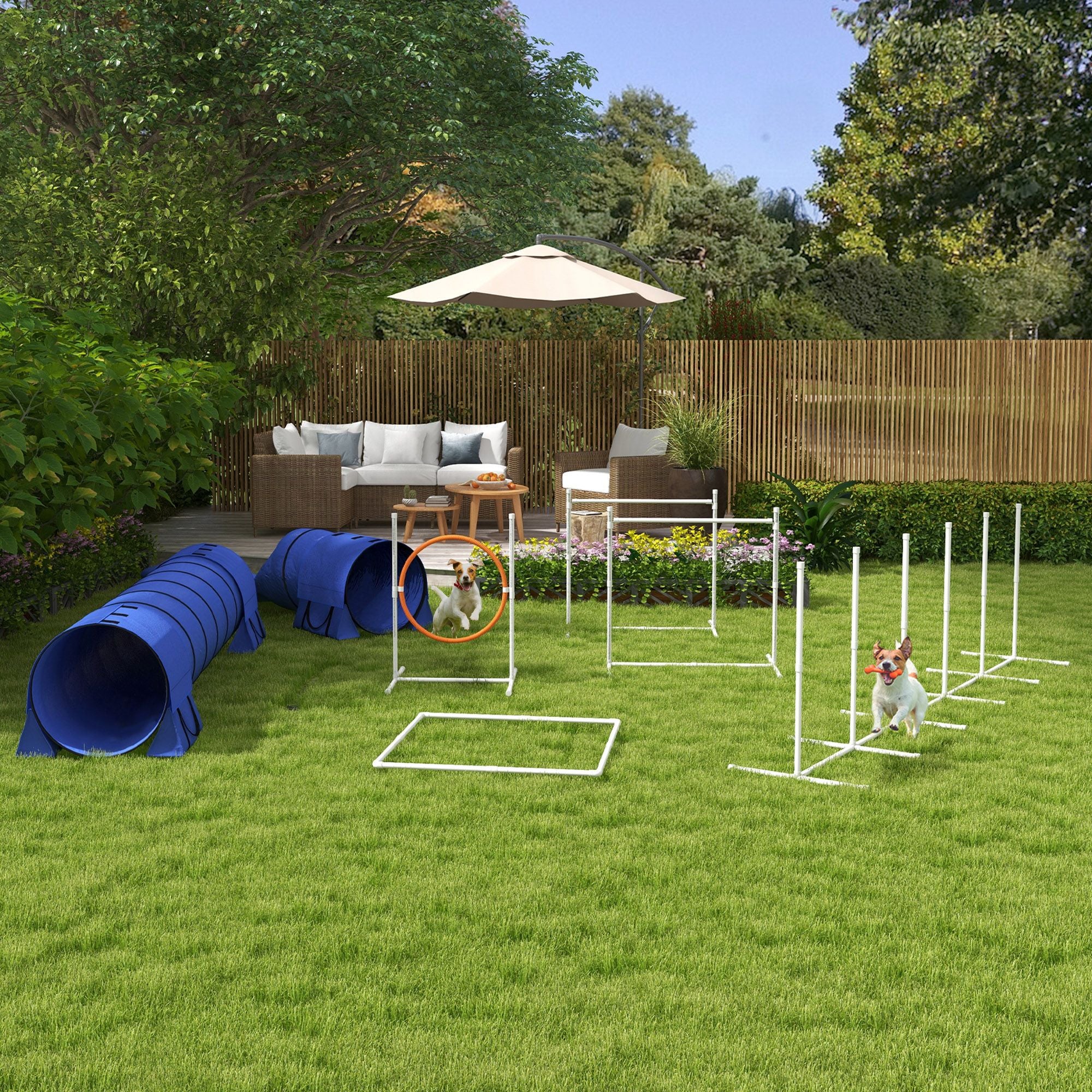 7 Pcs Dog Agility Training Equipment Set with Tunnels, Weave Poles, Adjustable Hurdle, Jumping Ring, Pause Box, Blue Pet Training