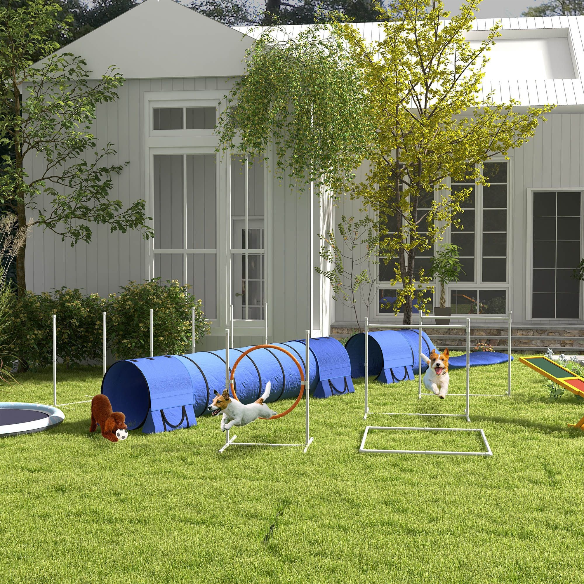 7 Pcs Dog Agility Training Equipment Set with Tunnels, Weave Poles, Adjustable Hurdle, Jumping Ring, Pause Box, Blue Pet Training