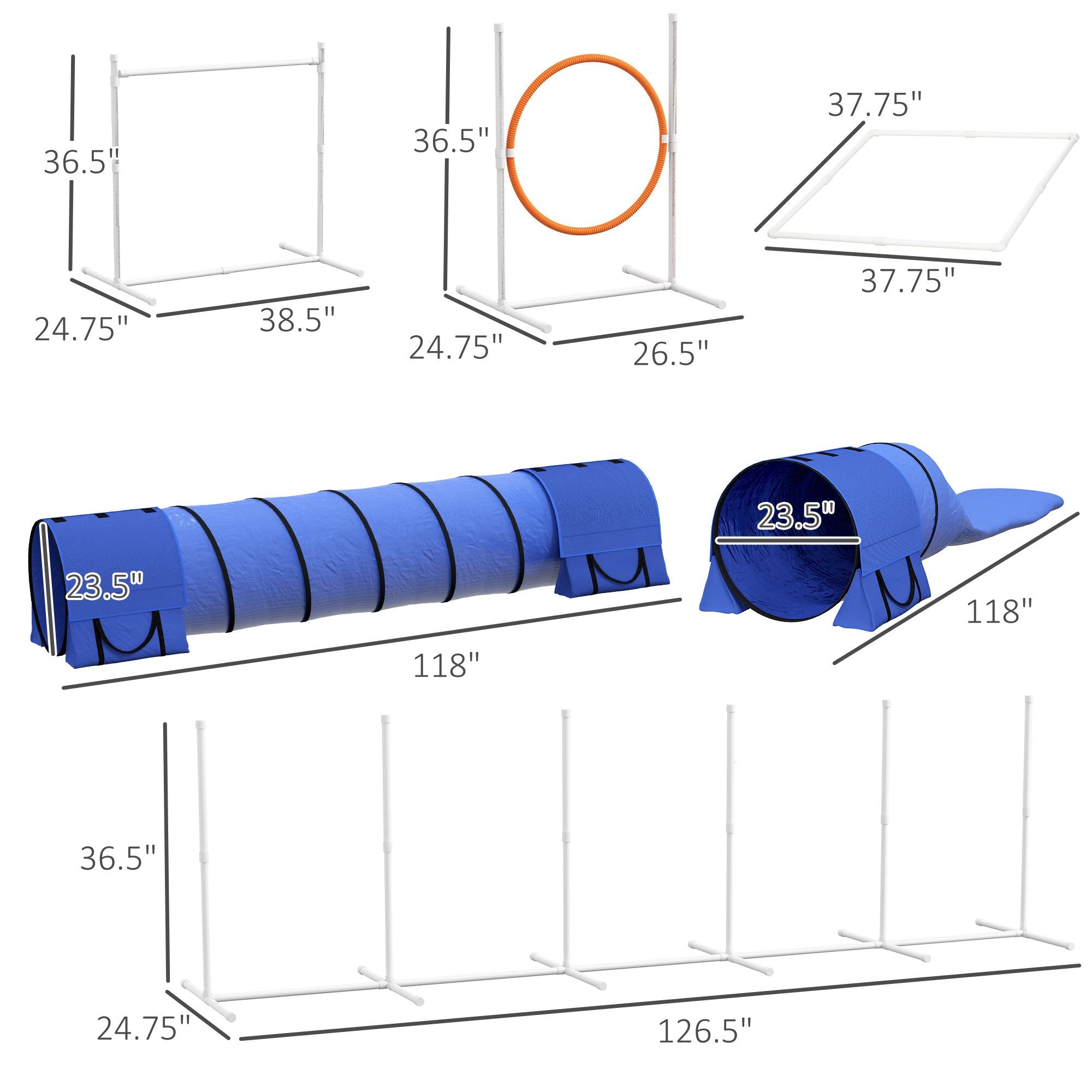 7 Pcs Dog Agility Training Equipment Set with Tunnels, Weave Poles, Adjustable Hurdle, Jumping Ring, Pause Box, Blue Pet Training