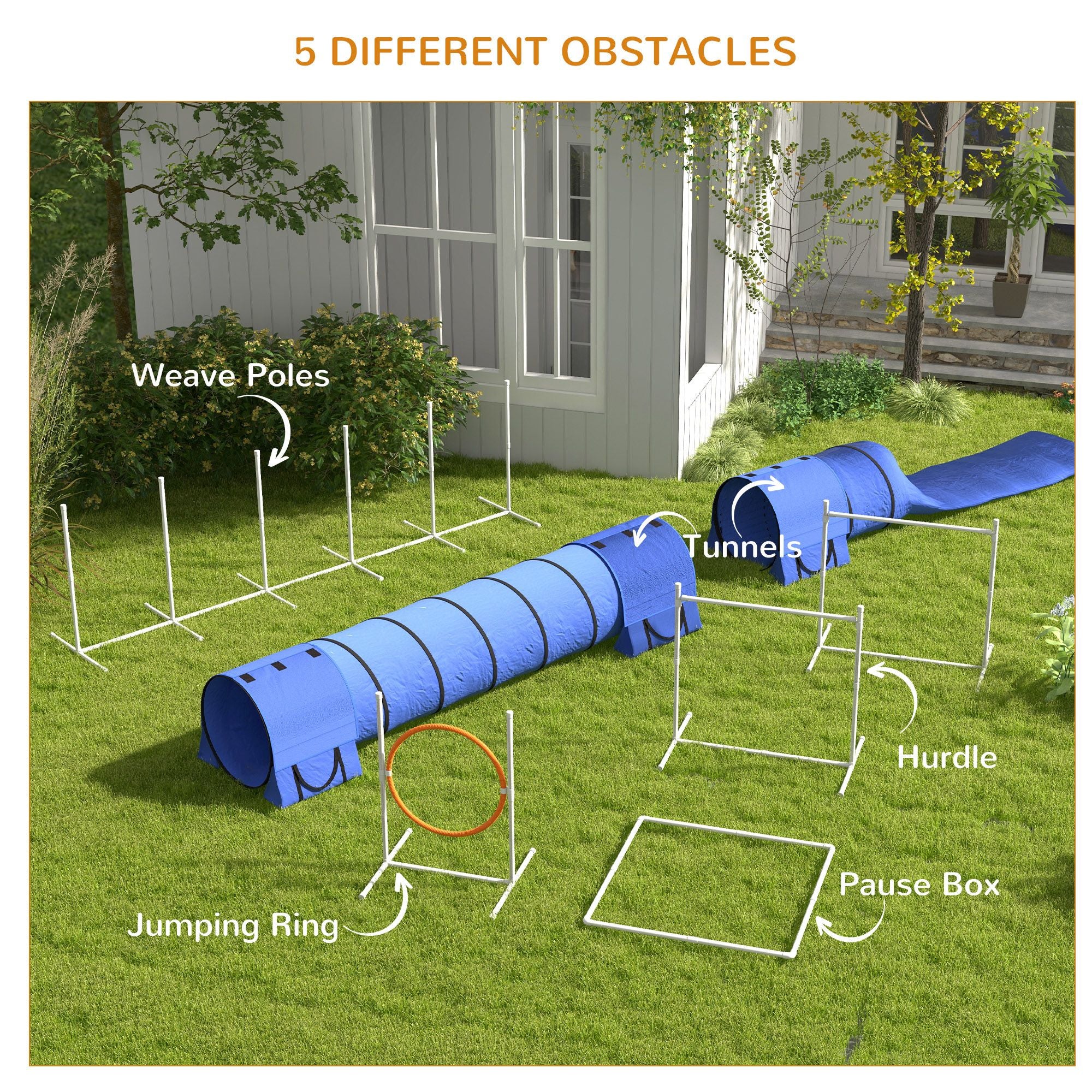 7 Pcs Dog Agility Training Equipment Set with Tunnels, Weave Poles, Adjustable Hurdle, Jumping Ring, Pause Box, Blue Pet Training