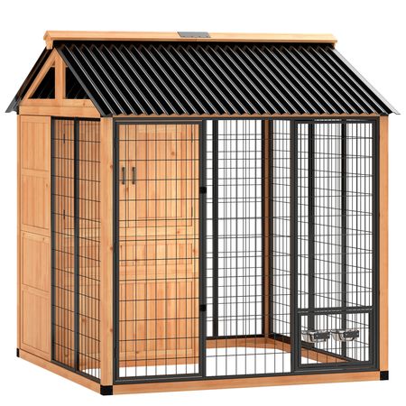 7' x 6' Extra Large Dog House, furniture-style Outdoor Dog Kennel with Storage Cabinet, Stainless structured Bowls