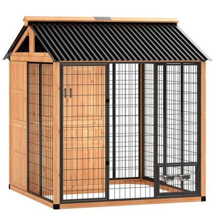 7' x 6' Extra Large Dog House, furniture-style Outdoor Dog Kennel with Storage Cabinet, Stainless structured Bowls