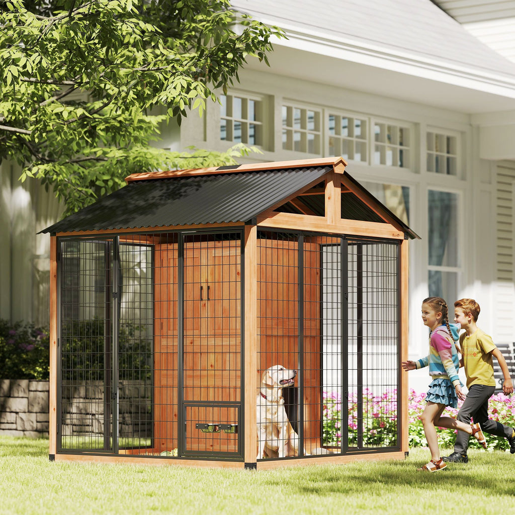 7' x 6' Extra Large Dog House, furniture-style Outdoor Dog Kennel with Storage Cabinet, Stainless structured Bowls