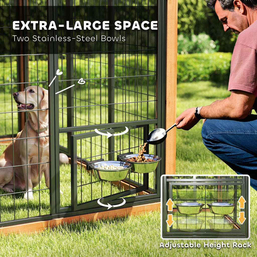 7' x 6' Extra Large Dog House, furniture-style Outdoor Dog Kennel with Storage Cabinet, Stainless structured Bowls
