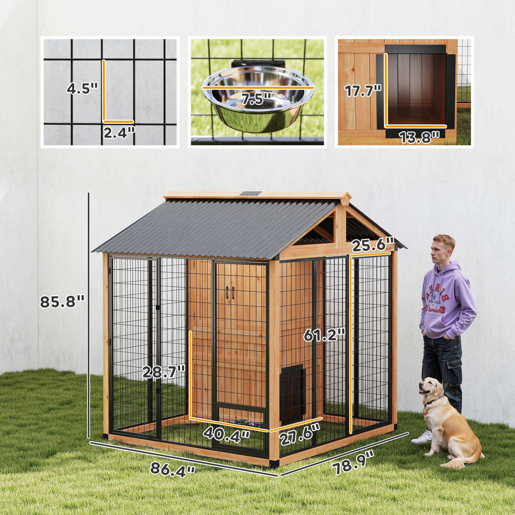 7' x 6' Extra Large Dog House, furniture-style Outdoor Dog Kennel with Storage Cabinet, Stainless structured Bowls