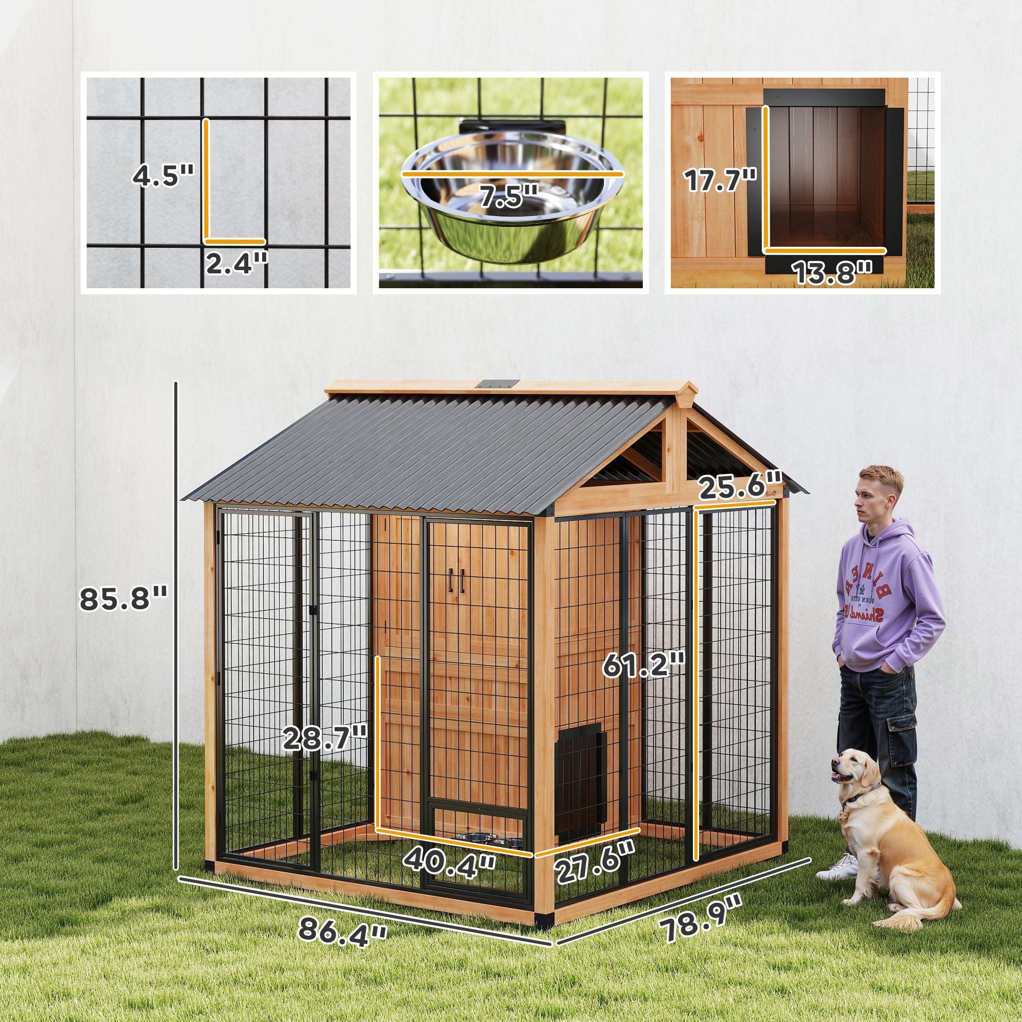 7' x 6' Extra Large Dog House, furniture-style Outdoor Dog Kennel with Storage Cabinet, Stainless structured Bowls