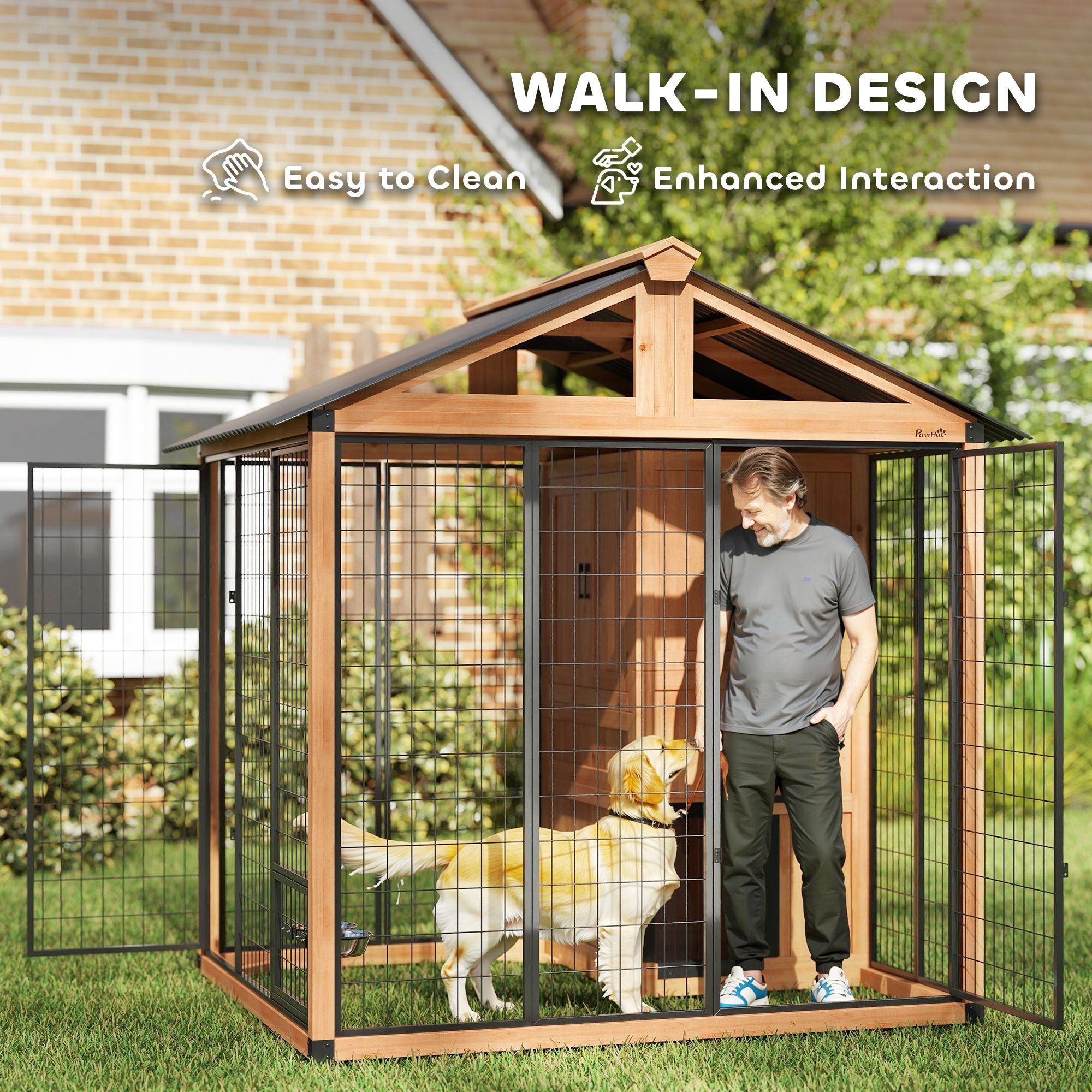 7' x 6' Extra Large Dog House, furniture-style Outdoor Dog Kennel with Storage Cabinet, Stainless structured Bowls