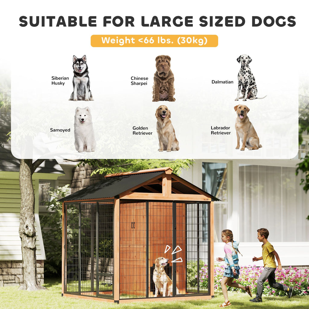 7' x 6' Extra Large Dog House, furniture-style Outdoor Dog Kennel with Storage Cabinet, Stainless structured Bowls