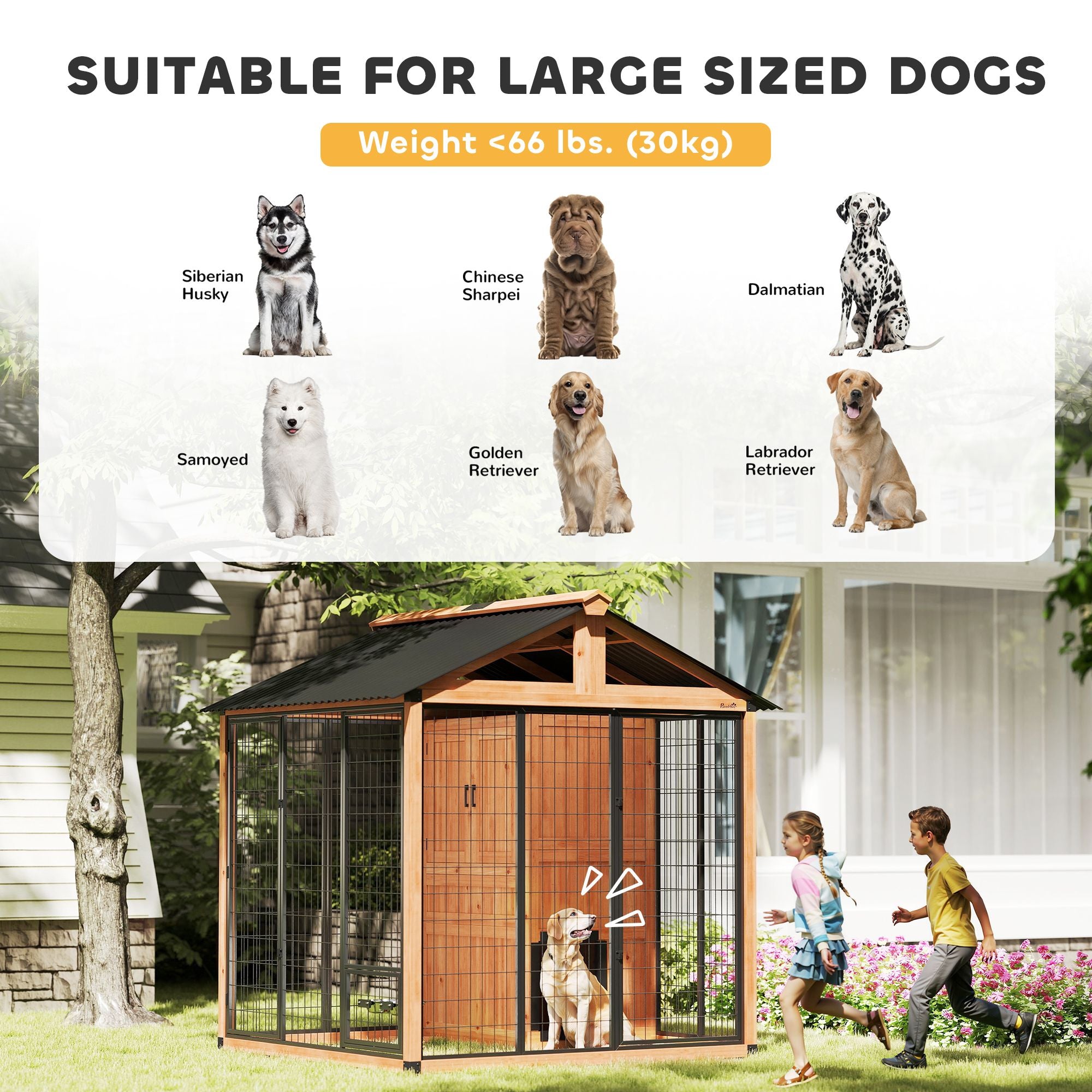 7' x 6' Extra Large Dog House, furniture-style Outdoor Dog Kennel with Storage Cabinet, Stainless structured Bowls