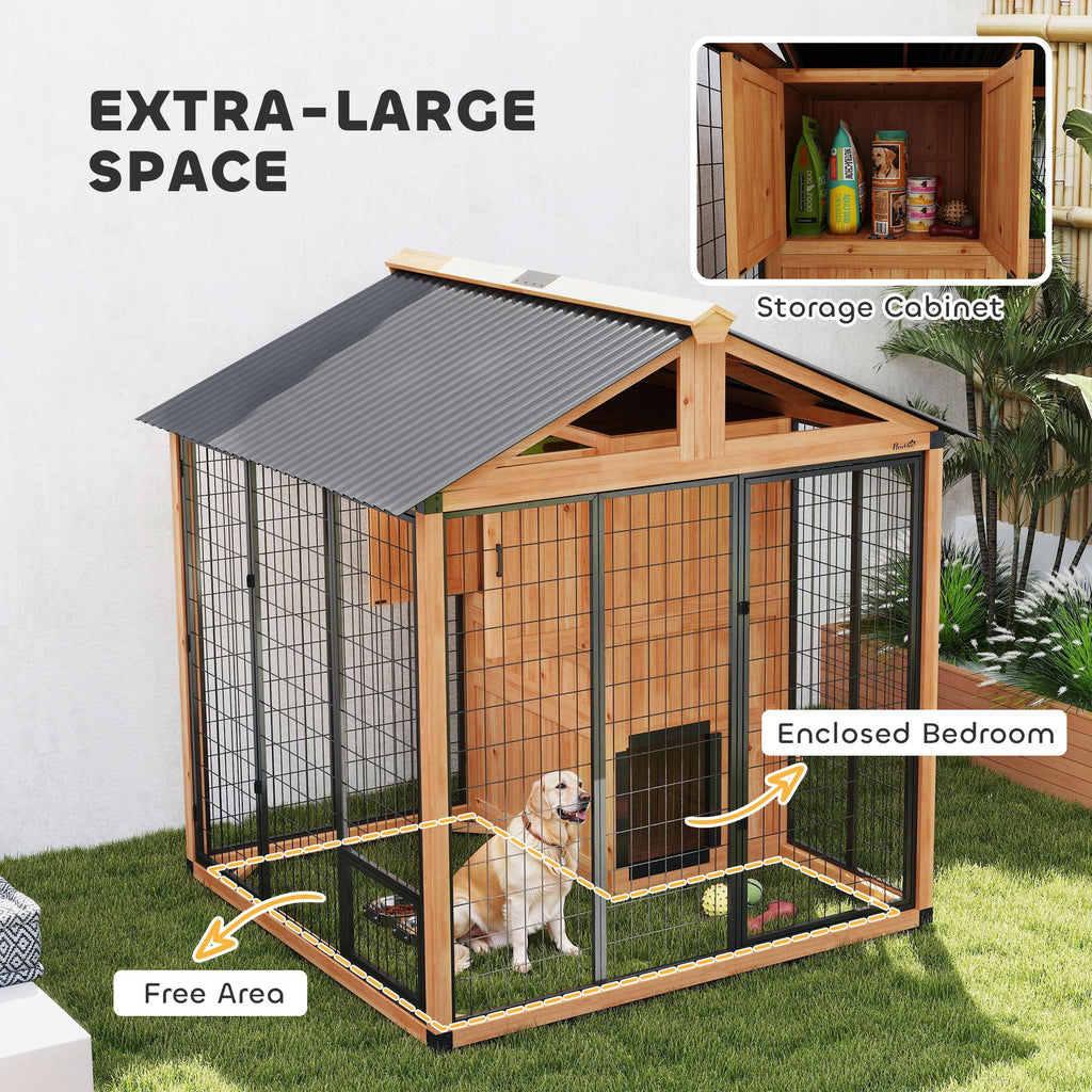 7' x 6' Extra Large Dog House, furniture-style Outdoor Dog Kennel with Storage Cabinet, Stainless structured Bowls