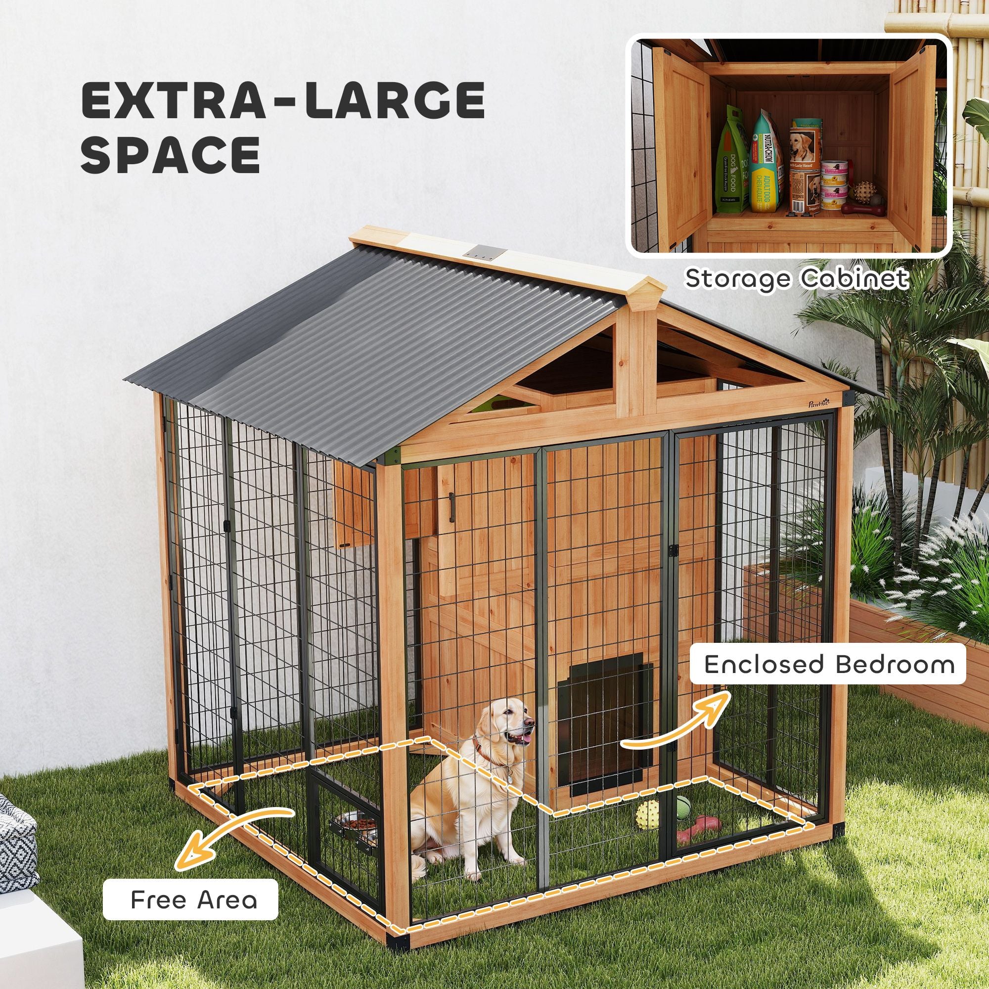 7' x 6' Extra Large Dog House, furniture-style Outdoor Dog Kennel with Storage Cabinet, Stainless structured Bowls