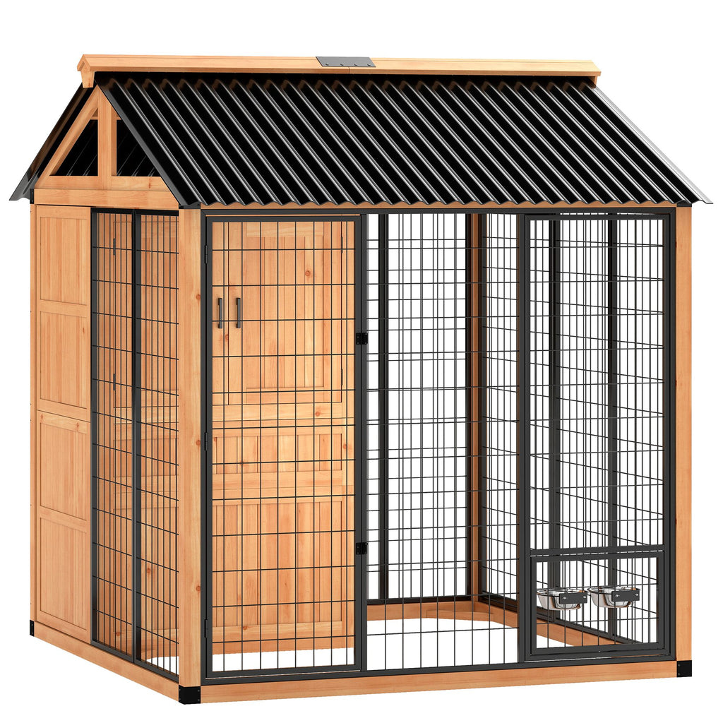 7' x 6' Extra Large Dog House, furniture-style Outdoor Dog Kennel with Storage Cabinet, Stainless structured Bowls