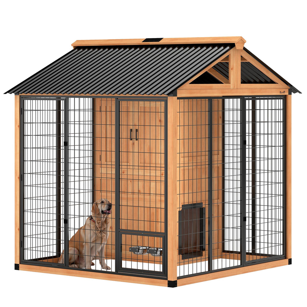 7' x 6' Extra Large Dog House, furniture-style Outdoor Dog Kennel with Storage Cabinet, Stainless structured Bowls