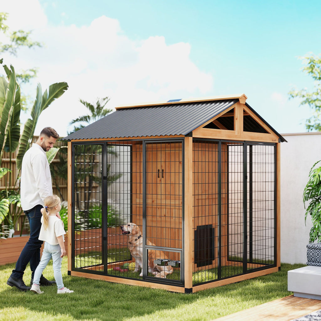 7' x 6' Extra Large Dog House, furniture-style Outdoor Dog Kennel with Storage Cabinet, Stainless structured Bowls