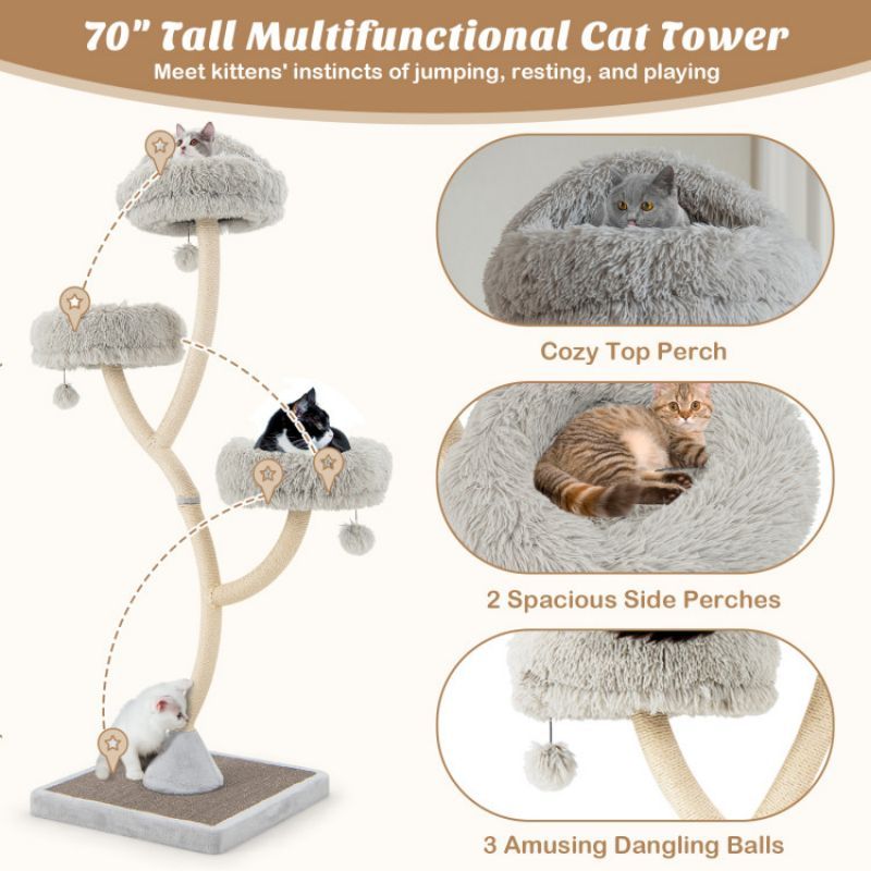 70- Tall Cat Tree with 3 Perches and Dangling Balls