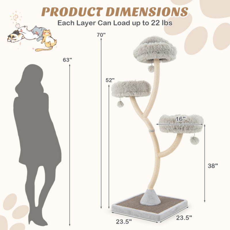 70- Tall Cat Tree with 3 Perches and Dangling Balls