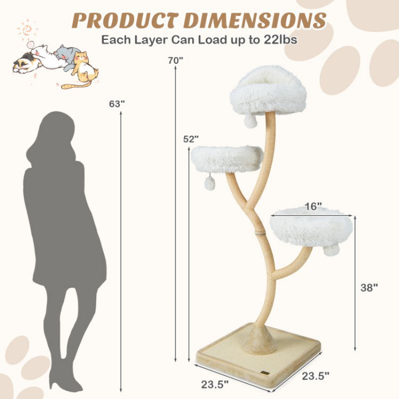 70- Tall Cat Tree with 3 Perches and Dangling Balls