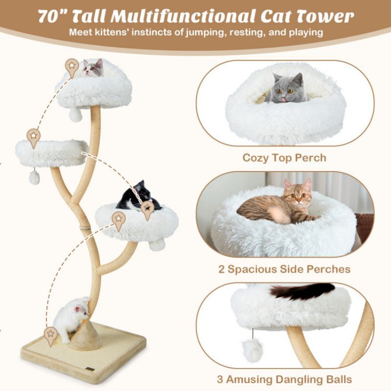 70- Tall Cat Tree with 3 Perches and Dangling Balls
