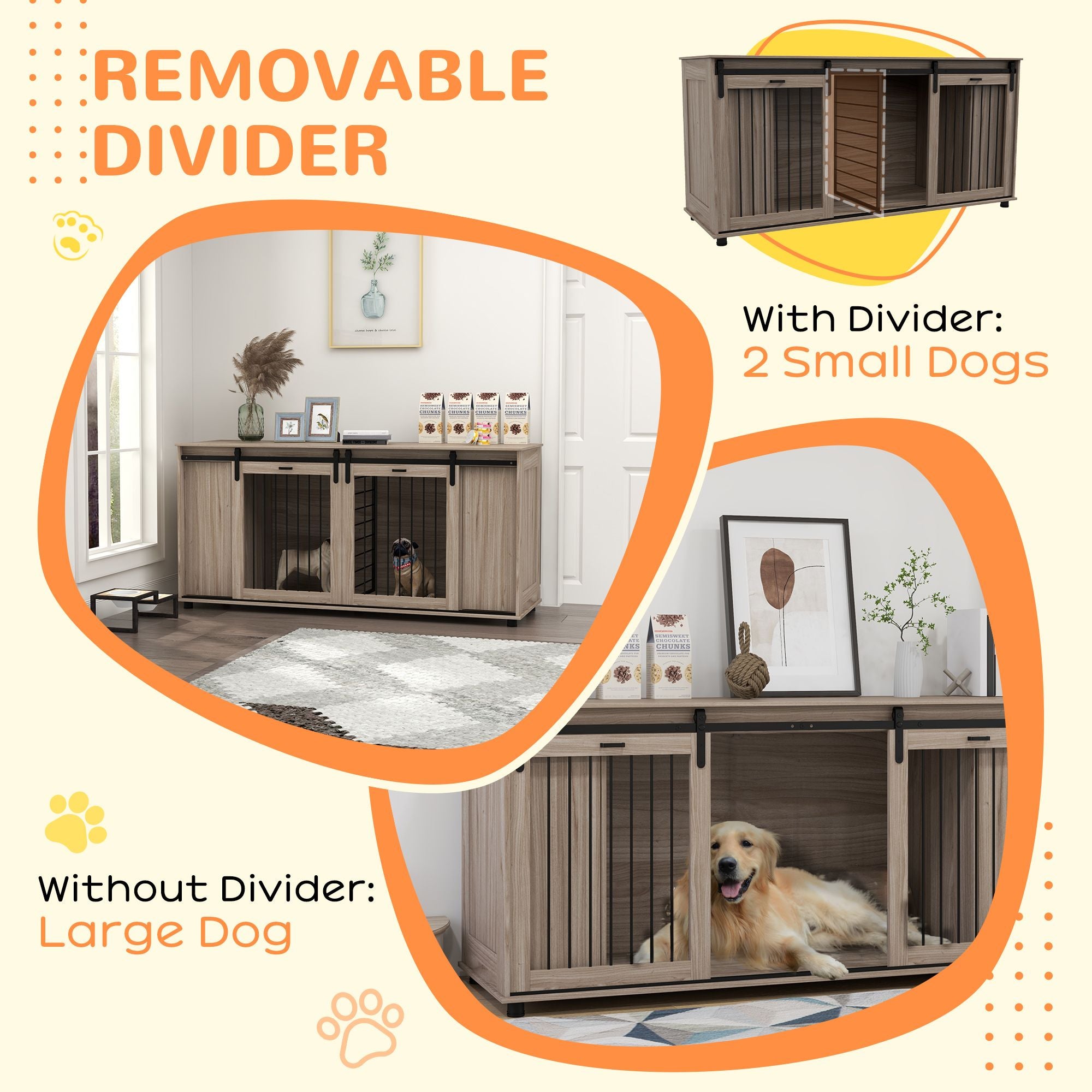 71" Modern Dog Kennel Furniture with Removable Divider, Storage, for 2 Small Dogs or 1 Large Dog, Walnut