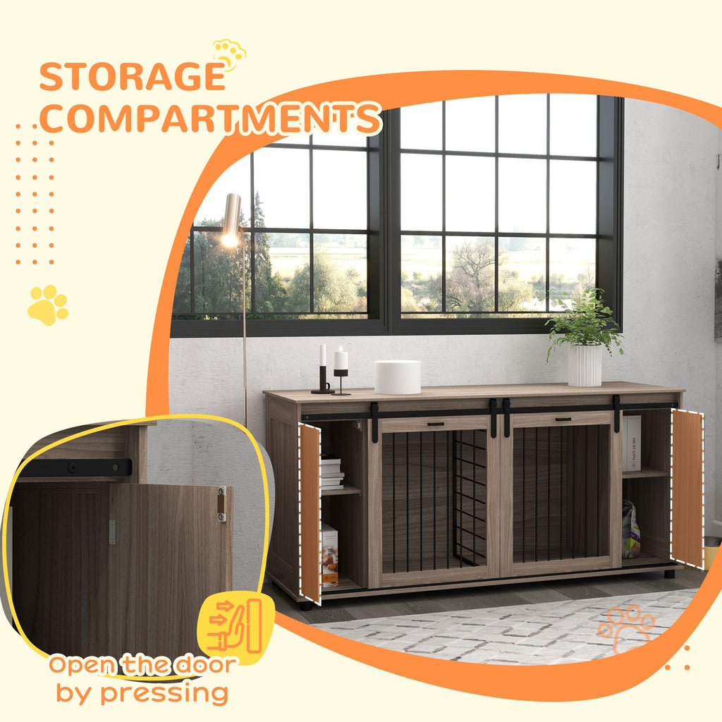 71" Modern Dog Kennel Furniture with Removable Divider, Storage, for 2 Small Dogs or 1 Large Dog, Walnut