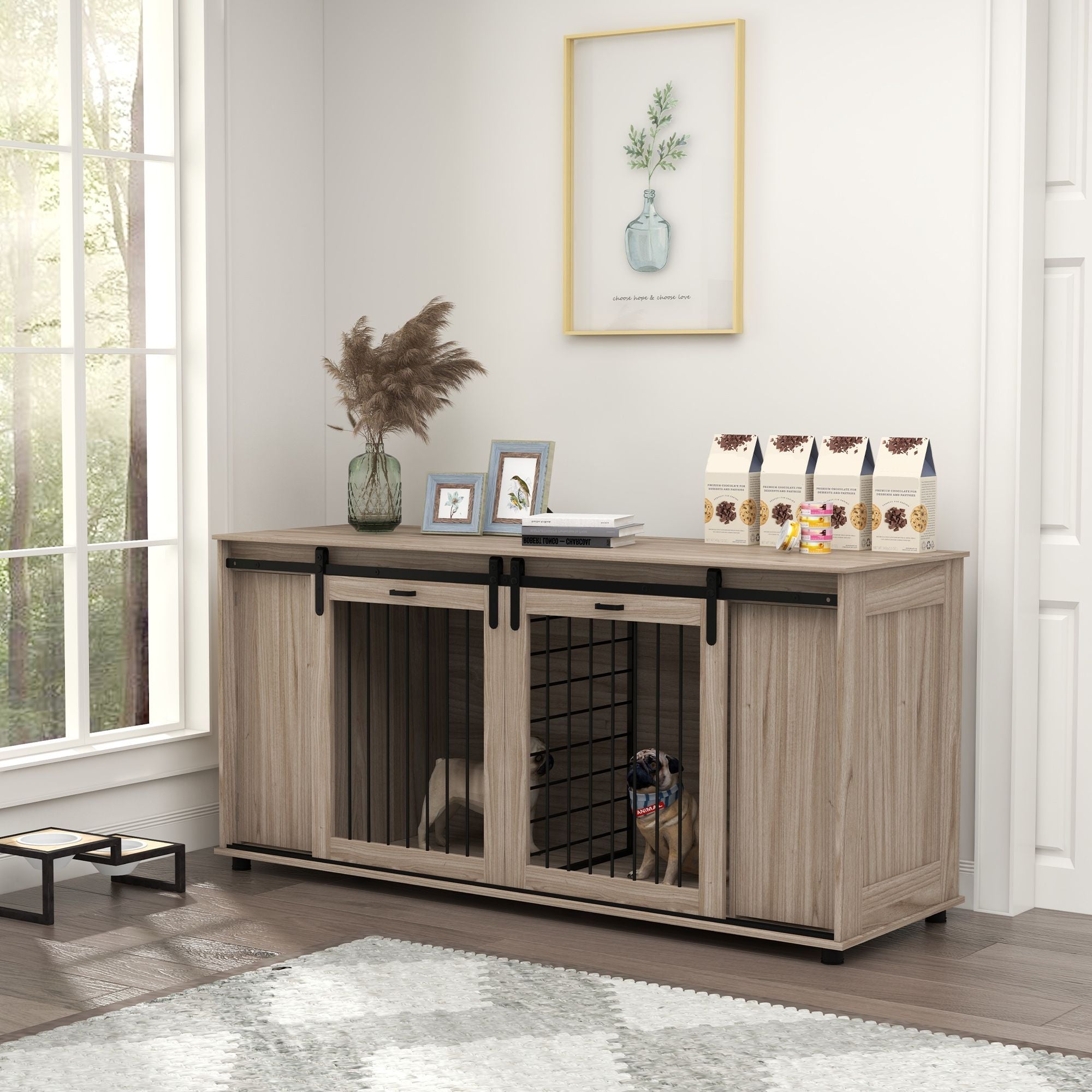 71" Modern Dog Kennel Furniture with Removable Divider, Storage, for 2 Small Dogs or 1 Large Dog, Walnut