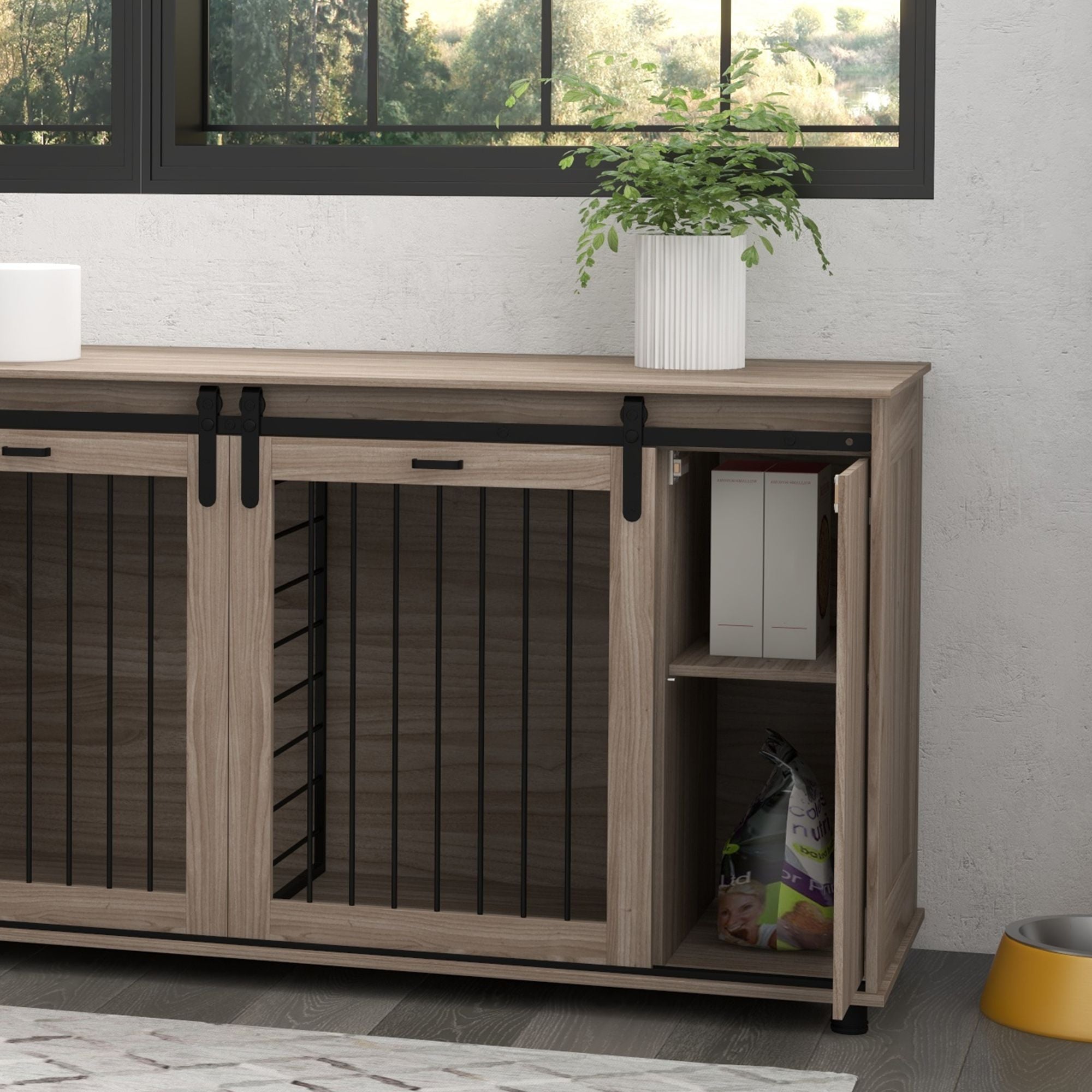 71" Modern Dog Kennel Furniture with Removable Divider, Storage, for 2 Small Dogs or 1 Large Dog, Walnut
