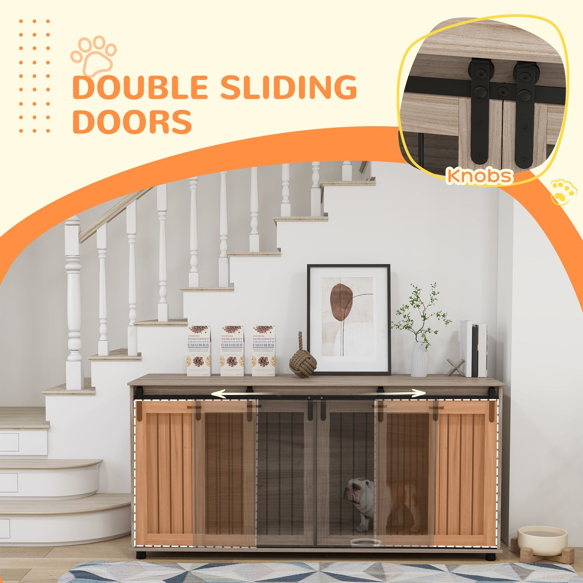 71" Modern Dog Kennel Furniture with Removable Divider, Storage, for 2 Small Dogs or 1 Large Dog, Walnut