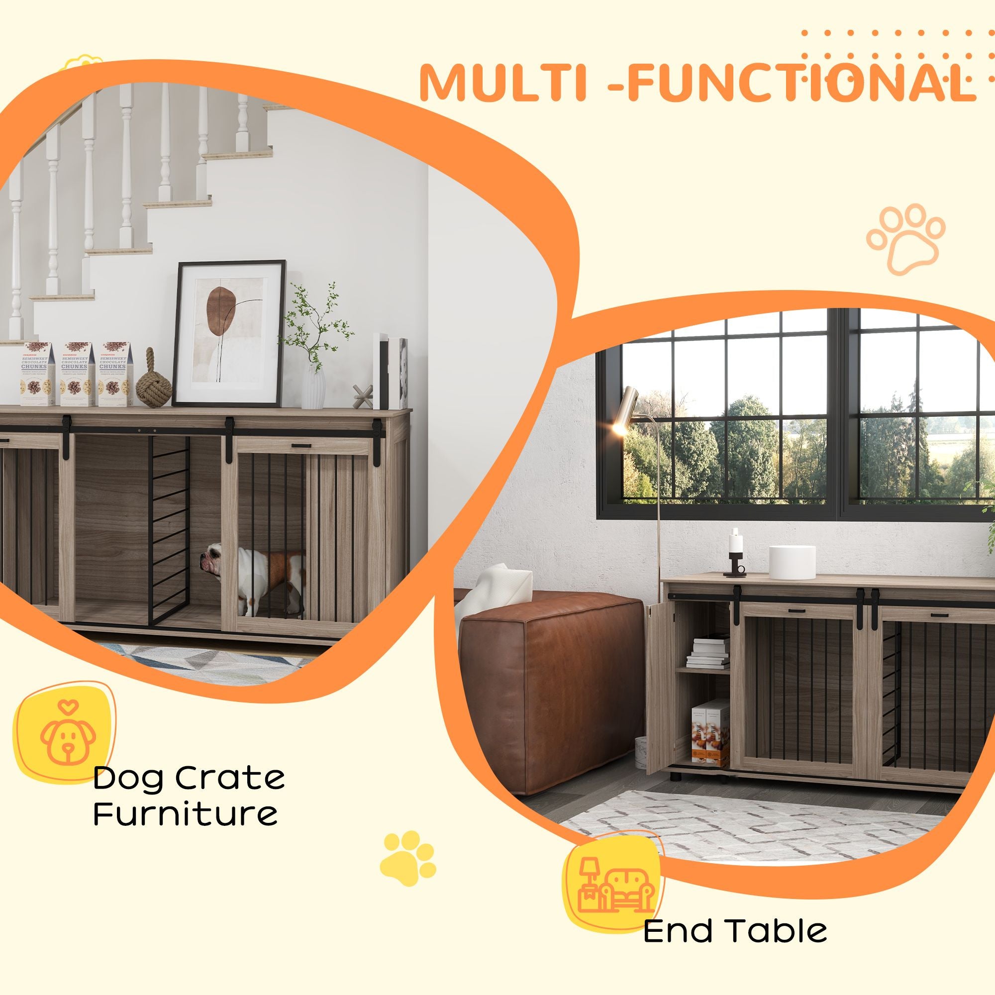 71" Modern Dog Kennel Furniture with Removable Divider, Storage, for 2 Small Dogs or 1 Large Dog, Walnut
