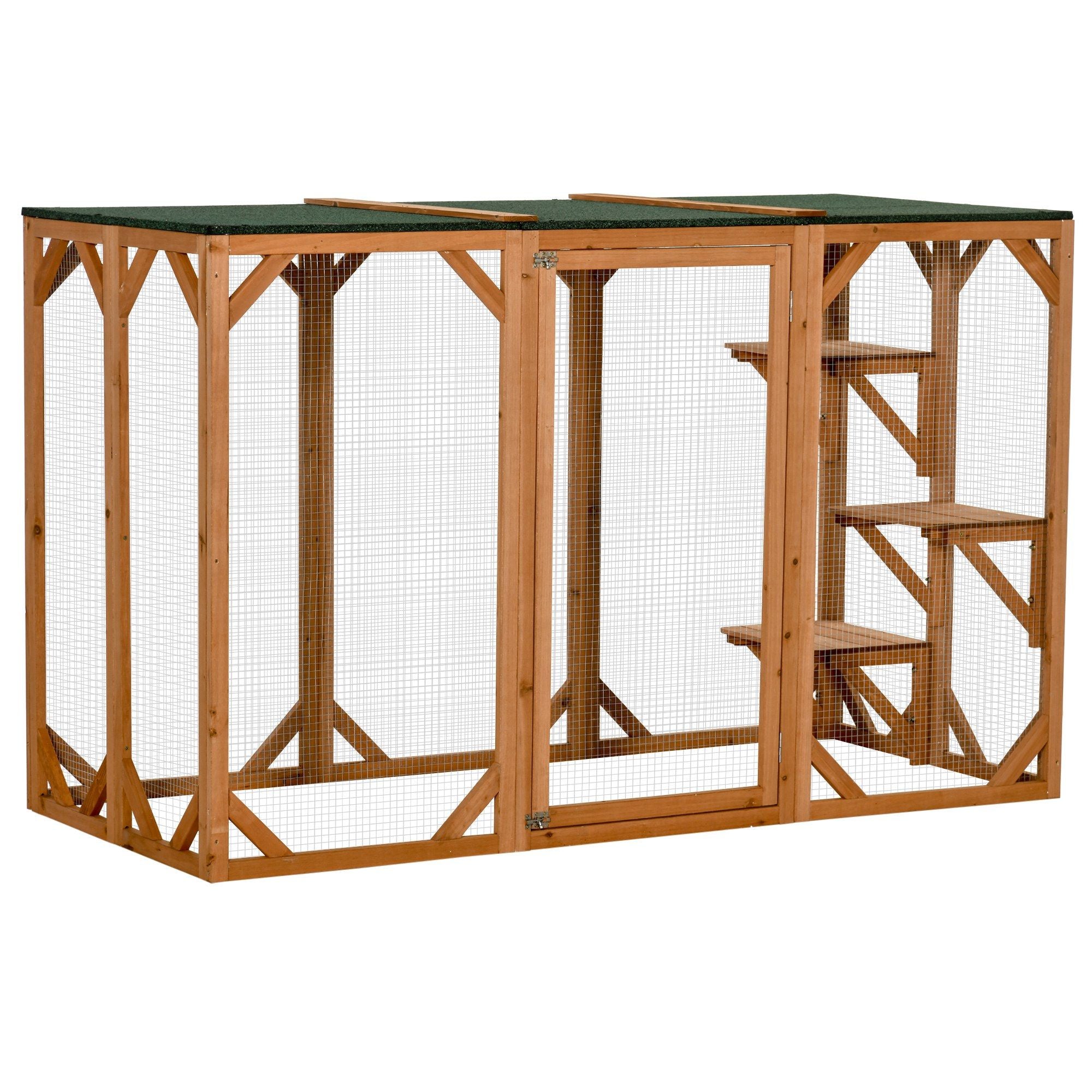 furniture-style Cat Enclosure with Asphalt Roof and Multi-Level Platforms