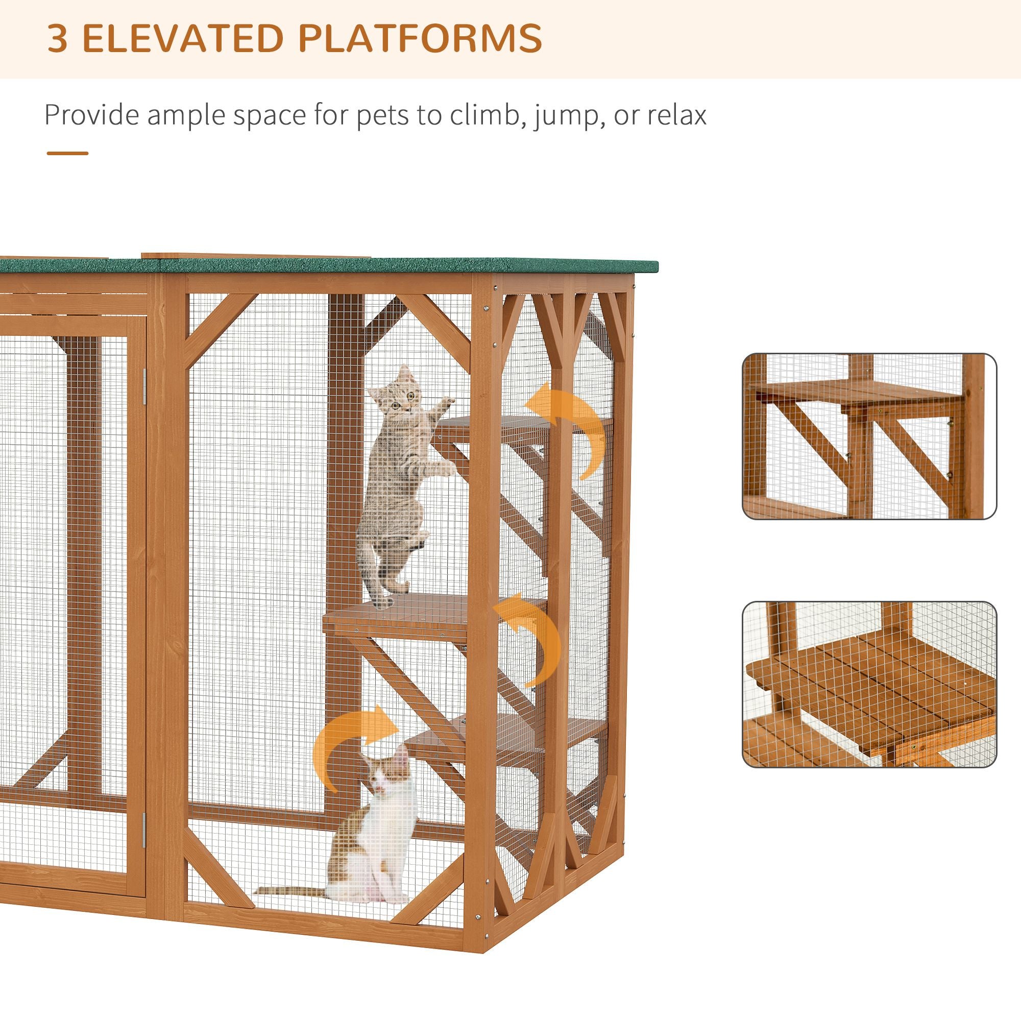 furniture-style Cat Enclosure with Asphalt Roof and Multi-Level Platforms