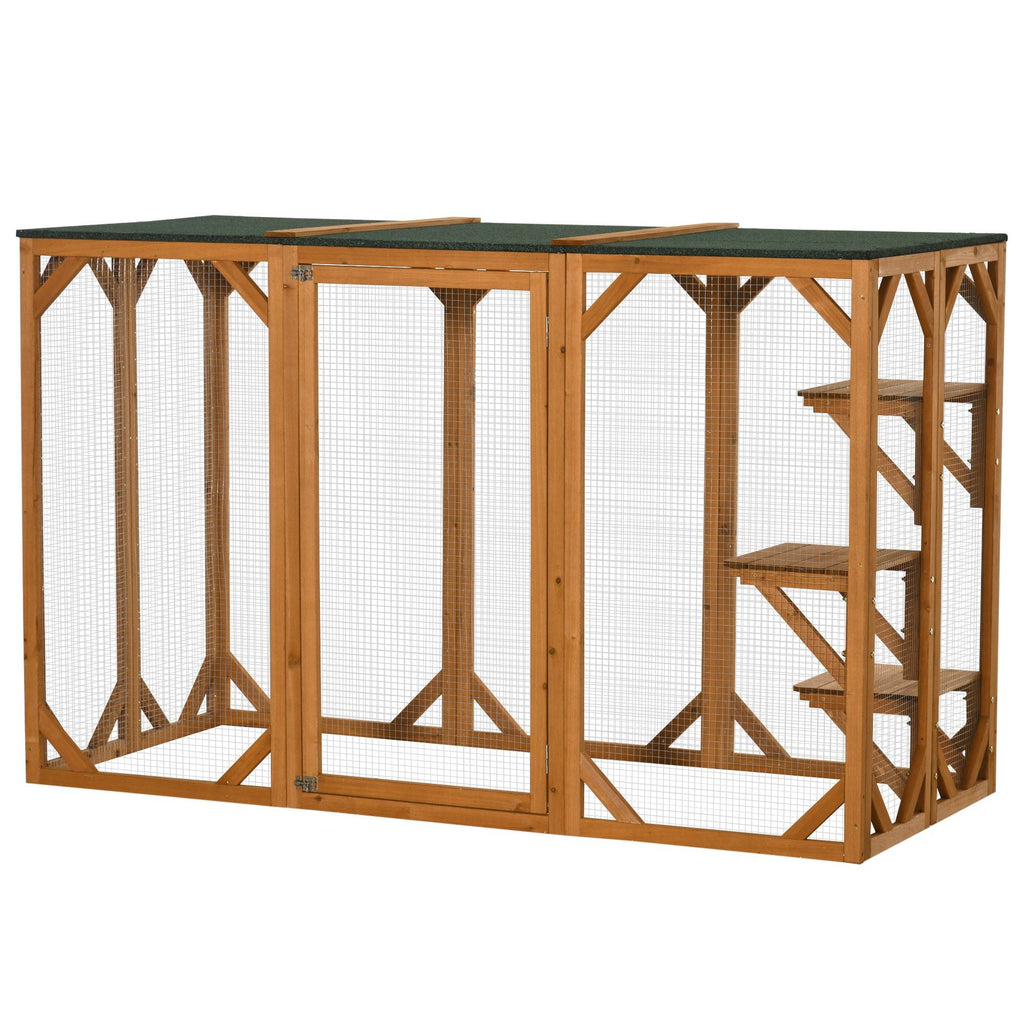furniture-style Cat Enclosure with Asphalt Roof and Multi-Level Platforms