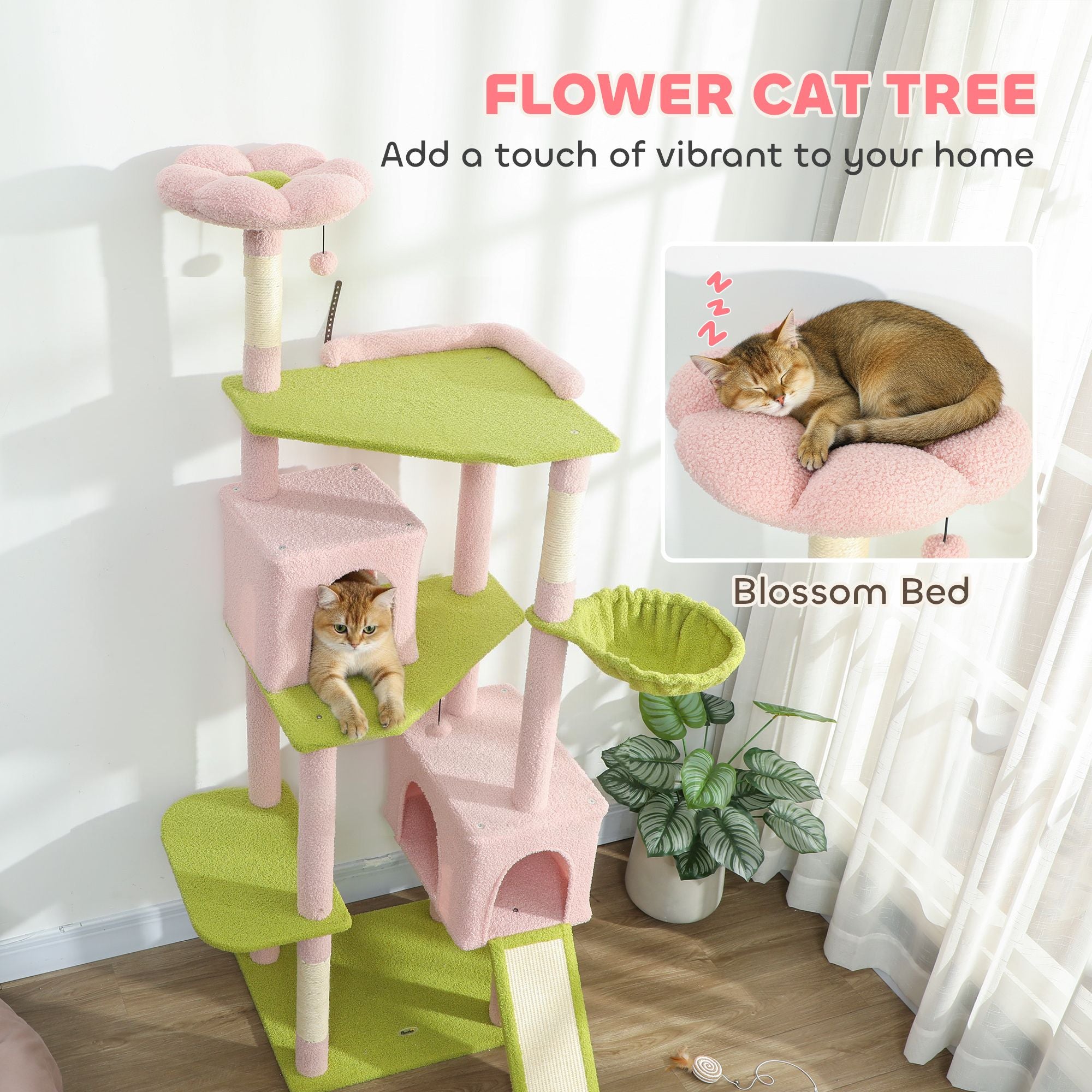 74" Flower Cat Tree, Large Cat Tower with Scratching Post & Board for Indoor Cats, Pink