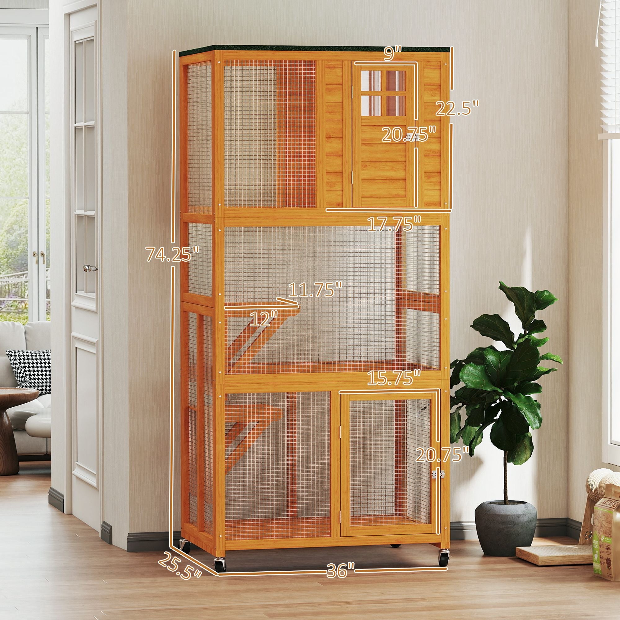 74" Wooden Outdoor Cat House Catio Outdoor Cat Enclosure, Orange