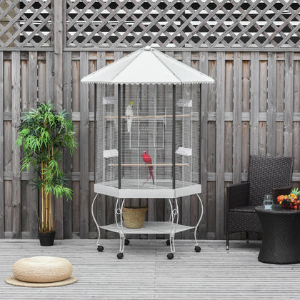 Give Your Birds Room to Fly: 77" Hexagonal Flight Cage with Canopy & Storage