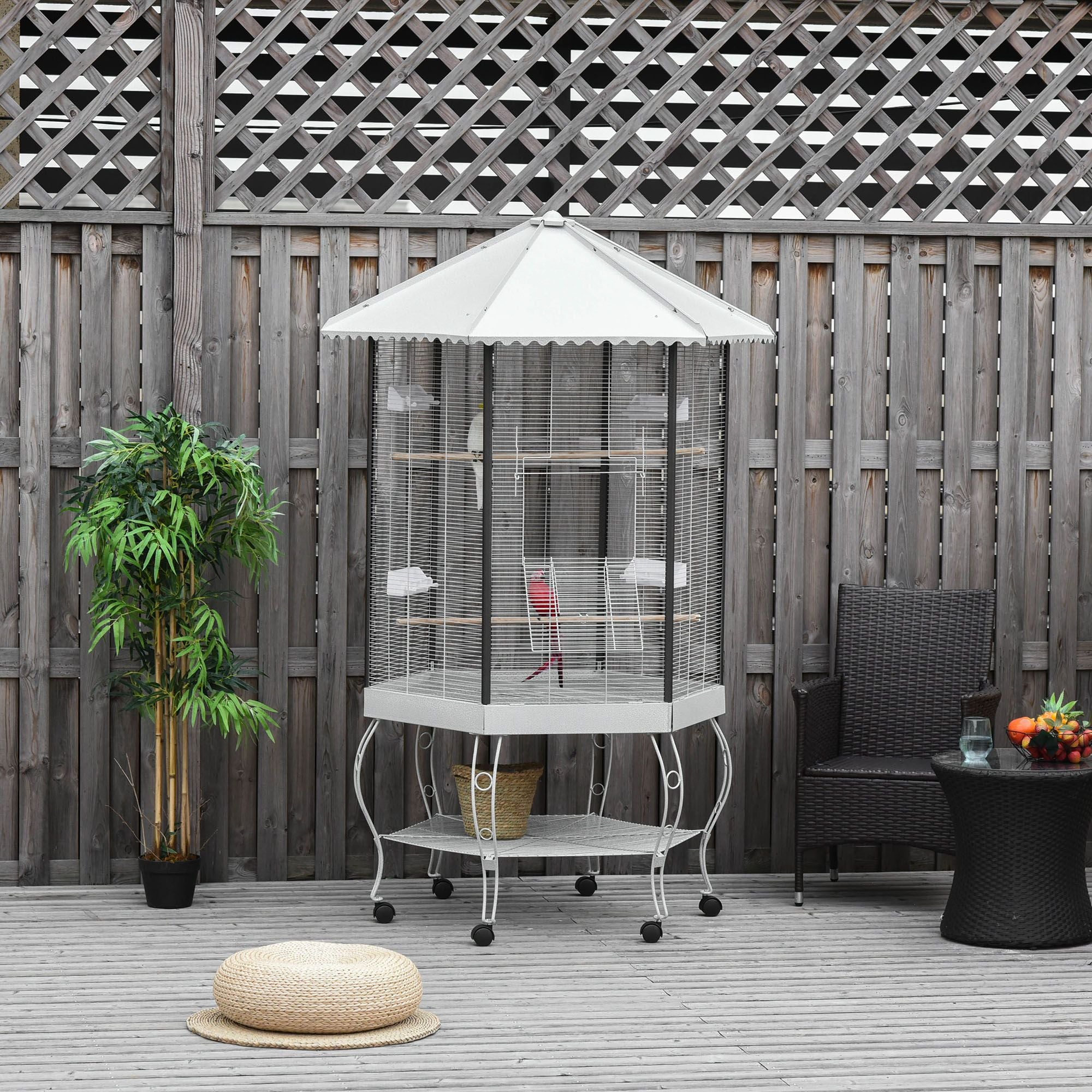 Give Your Birds Room to Fly: 77" Hexagonal Flight Cage with Canopy & Storage