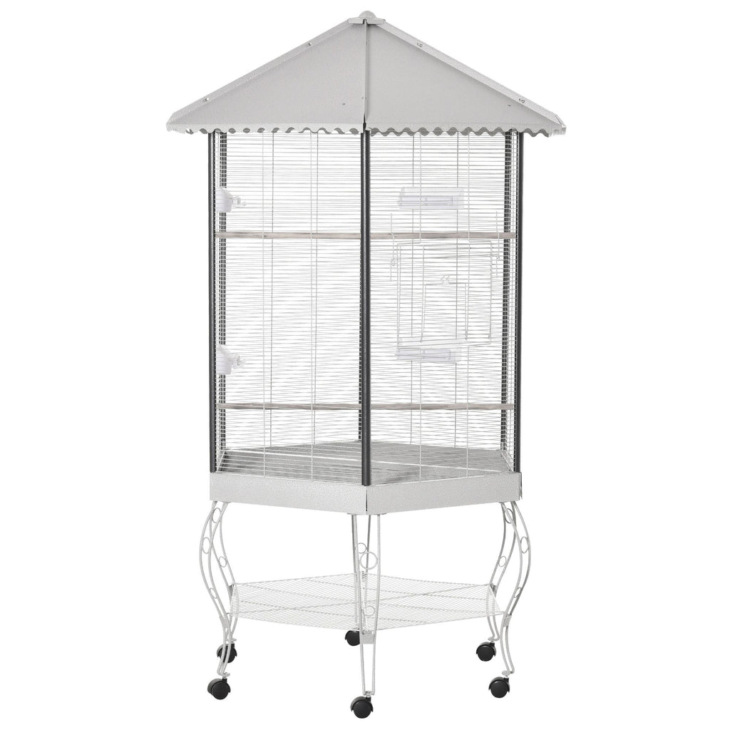 77- Hexagon Bird Cage with Canopy, Portable Aviary on Casters