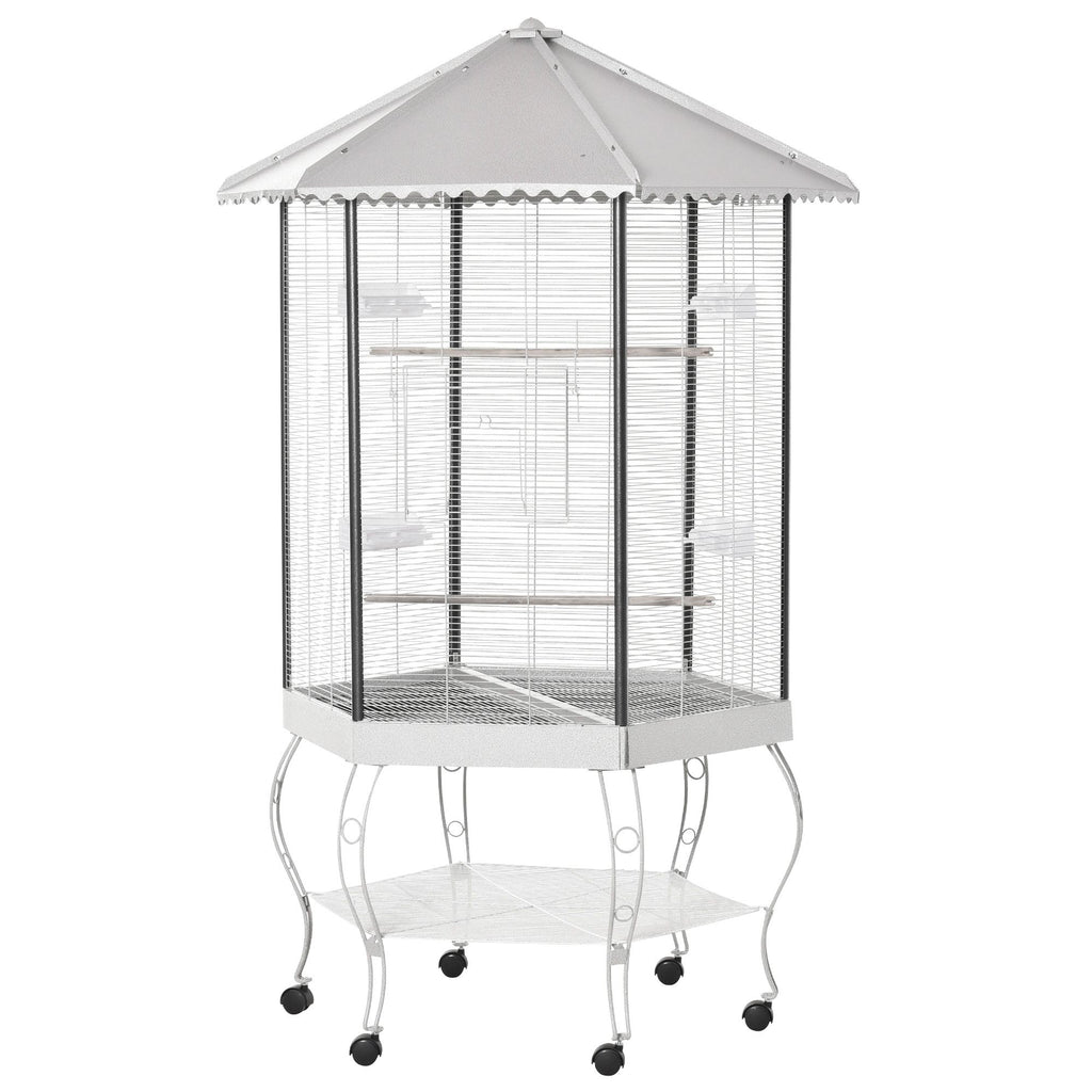 77- Hexagon Bird Cage with Canopy, Portable Aviary on Casters