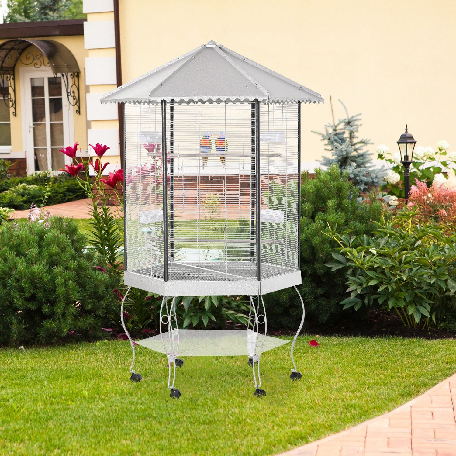 77- Hexagon Bird Cage with Canopy, Portable Aviary on Casters