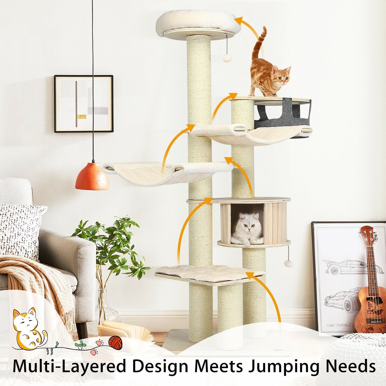 77.5" Multi-Level Cat Tree with Condo, Hammocks & Sisal Scratching Posts