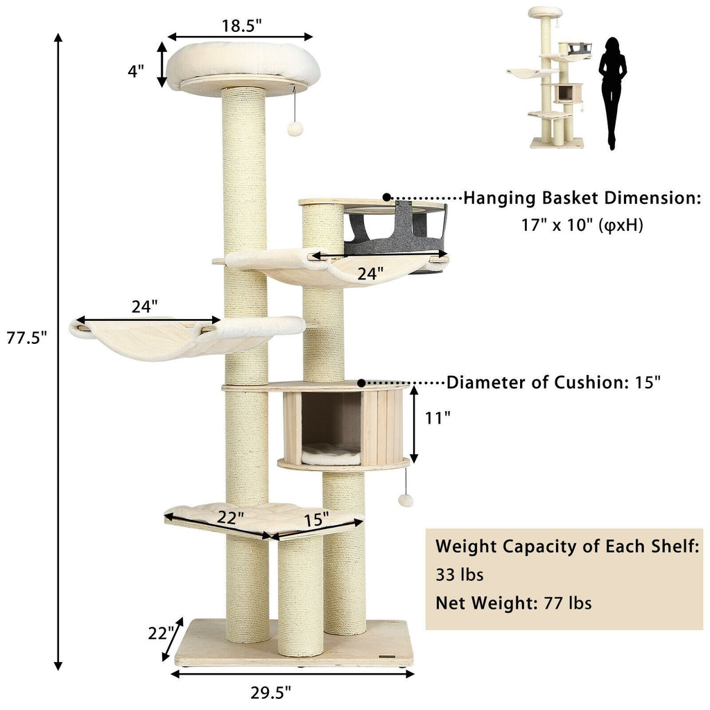 77.5" Multi-Level Cat Tree with Condo, Hammocks & Sisal Scratching Posts