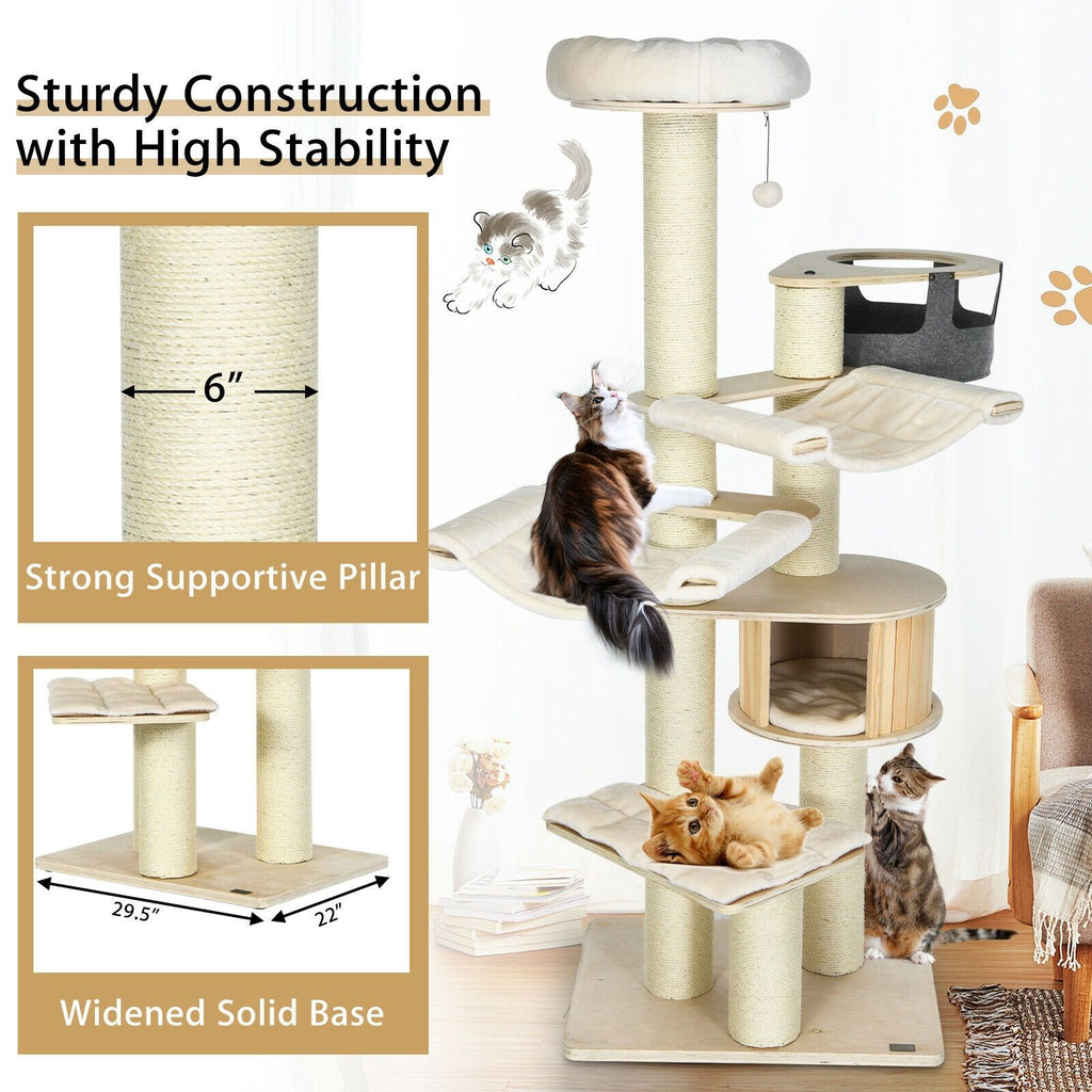 77.5" Multi-Level Cat Tree with Condo, Hammocks & Sisal Scratching Posts