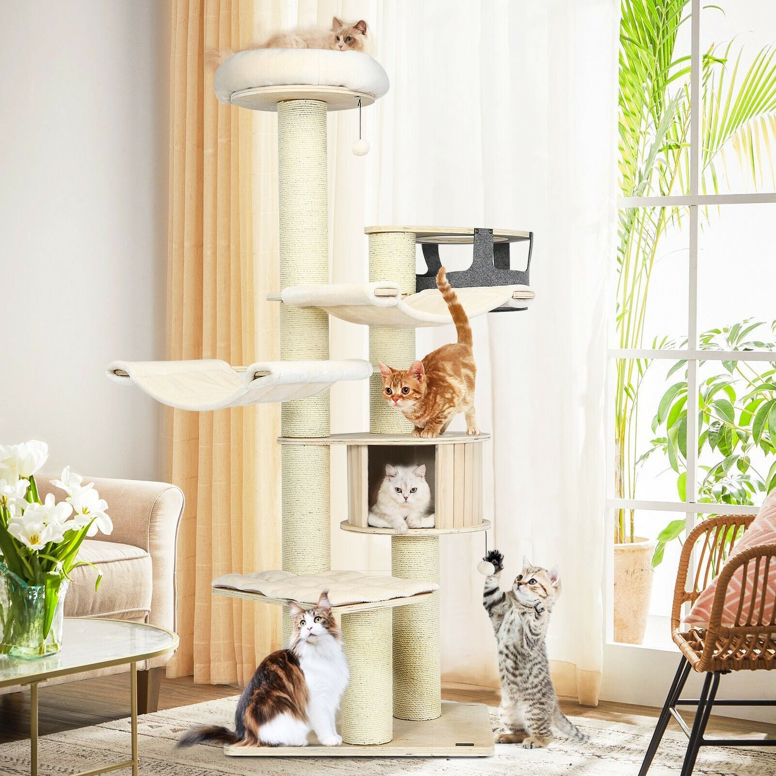 77.5" Multi-Level Cat Tree with Condo, Hammocks & Sisal Scratching Posts