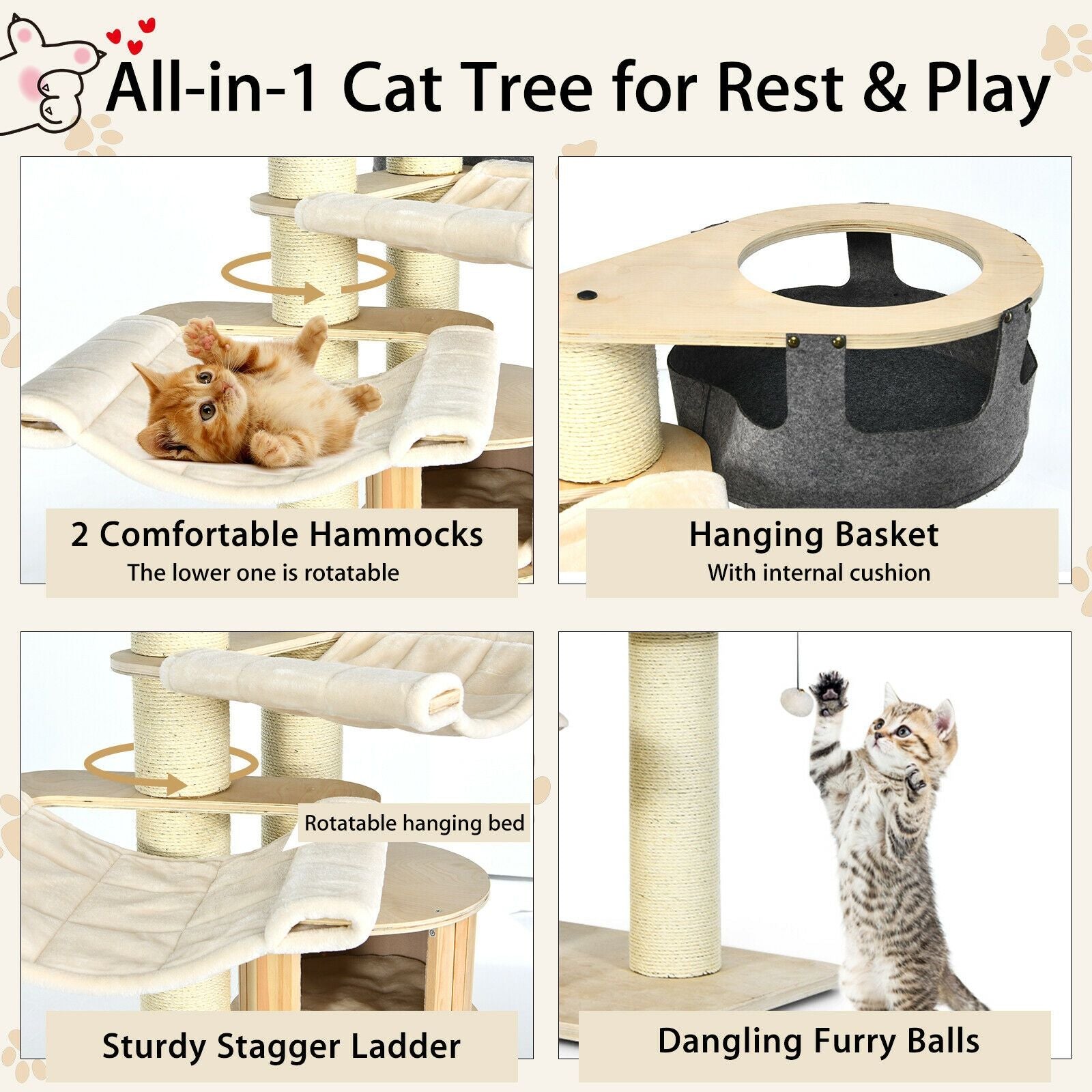 77.5" Multi-Level Cat Tree with Condo, Hammocks & Sisal Scratching Posts