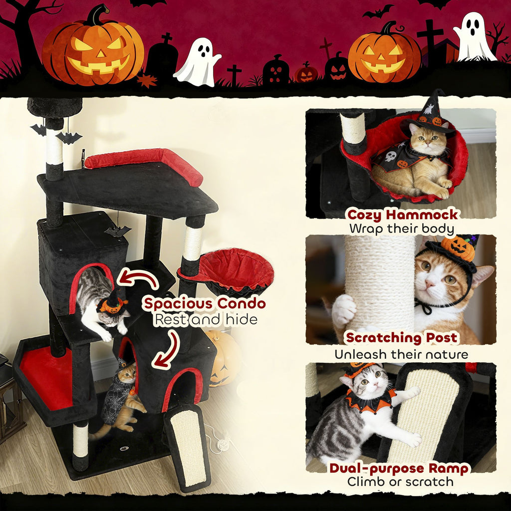 78" Gothic Cat Tree, Cat Tower with Coffin Bed, 2 Spacious Condos, Sisal Scratching Posts, Bat Hanging Balls, Halloween